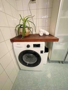 a washing machine with a plant on top of it at Your Ultimate Group Getaway - Central in Vibrant Bislett in Oslo