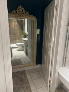 Boutique Shrewsbury Suites في شروزبري: حمام به مرآة ومغسلة ومرحاض
