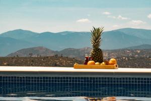a pineapple and oranges on a table next to a swimming pool at Casa Zúrich in La Estación
