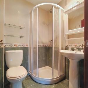 uma casa de banho com um chuveiro, um WC e um lavatório. em Apartamento Seronda em Villaviciosa