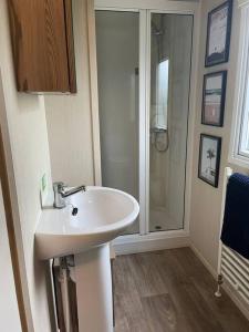 a bathroom with a white sink and a shower at Tarka Holiday Park - Summer Breeze - Coastal Breaks - North Devon - Braunton-Barnstaple in Ashford