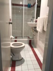 雪梨的住宿－林利之家酒店，一间带卫生间和水槽的浴室