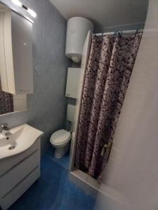 a bathroom with a toilet and a shower curtain at Apartments by the sea Kuciste, Peljesac - 12832 in Kučište