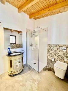 uma casa de banho com um chuveiro, um lavatório e um WC. em La Casa de Ubeda em Úbeda