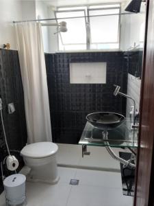 a bathroom with a toilet and a glass sink at Fonte da Serra in Teresópolis