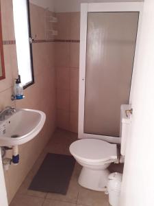 a bathroom with a white toilet and a sink at La Paisanita Gualeguaychú #lapaisanitagchu in Gualeguaychú