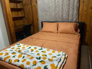 a bed with a comforter with oranges on it at Terrace Guest House in Tampa