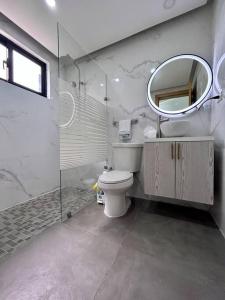 een badkamer met een toilet en een spiegel bij Beautiful Home and Pool near beach , BBQ Juan Dolio metro country Club in Juan Dolio
