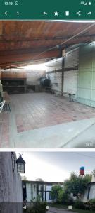 two pictures of a patio with benches and a building at Tulymary in Ciudad Lujan de Cuyo