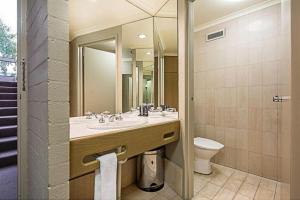 沃加沃加Pavilion Hotel Wagga Wagga的带水槽、马桶和镜子的浴室
