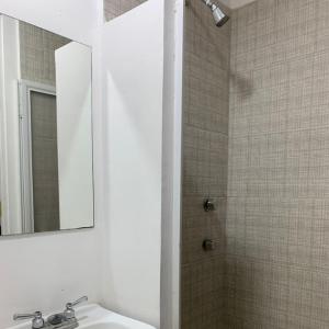 La salle de bains est pourvue d'un lavabo, d'un miroir et d'une douche. dans l'établissement Container Inn, à Puerto Vallarta