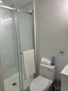 een badkamer met een toilet en een glazen douche bij Lovely one bedroom condo with free parking in Niagara Falls