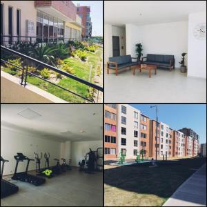 un collage de quatre photos d'un bâtiment avec une salle de sport dans l'établissement Confortable Apartamento, à Barranquilla