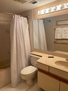 y baño con aseo, lavabo y ducha. en Gated Gulf Front Condo in Hidden Dunes Beach & Tennis Resort en Destin