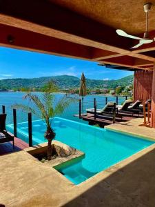 a swimming pool with a palm tree and a view of the water at El Nido Casa 4 - Paradise on the Bay in Zihuatanejo