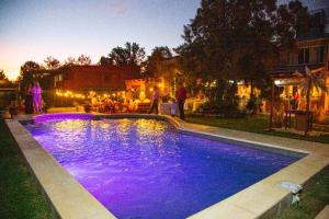 a swimming pool with purple lighting in a yard at night at Hostería La María in Rosario de la Frontera