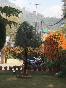a motorcycle parked in front of a garden of flowers at The North Face Inn in Pokhara