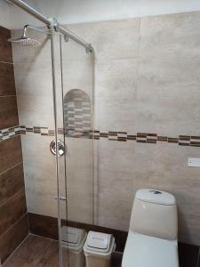 ein Bad mit einem WC und einer Glasdusche in der Unterkunft Hospedaje Casa Versalles in Villa de Leyva