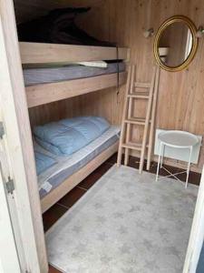een kamer met een stapelbed, een ladder en een spiegel bij Hasselvnget 16, 5450 Otterup in Otterup
