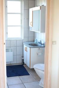 een badkamer met een toilet, een wastafel en een raam bij Hasselvnget 16, 5450 Otterup in Otterup