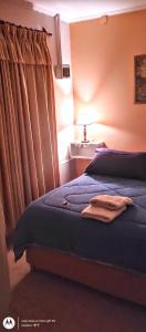 um quarto com uma cama com um cobertor azul e um candeeiro em Excelente Departamento en Centro de Neuquén em Neuquén