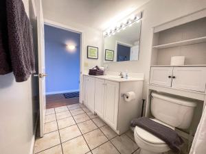 a bathroom with a toilet and a sink and a mirror at Water Street Retreat 05 in Wilmington +13 photos