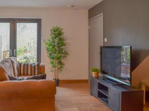 River Lodge Annexe في Rhondda: غرفة معيشة مع أريكة وتلفزيون بشاشة مسطحة