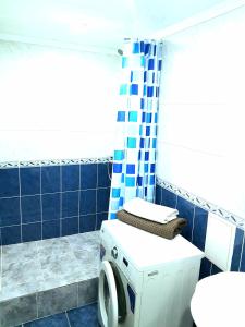 eine Waschmaschine im Bad mit blauen Fliesen in der Unterkunft Yanko in Kökschetau