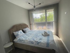 a bedroom with a bed and a window with shoes on it at Apartments Mir Varna city in Varna City