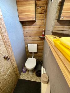 a small bathroom with a toilet in a trailer at Scandinavia bungalow in Kamennaya Gora