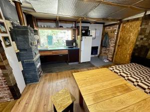 Kamennaya GoraにあるScandinavia bungalowの小さな家の中にテーブルとキッチンが備わる部屋