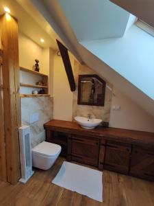 a bathroom with a sink and a toilet at Ostoja Leśna Cisza 