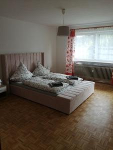 Un dormitorio con una cama en una habitación con ventana. en Wohnung Gretl, en Bayerisch Eisenstein