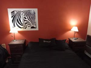 1 dormitorio con 1 cama con una foto de cebra en la pared en Bienvenidos en San Pedro
