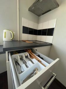 Kuchyň nebo kuchyňský kout v ubytování Apartamenti Jēkabpilī
