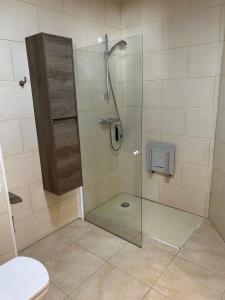 y baño con ducha de cristal y aseo. en Hotel 1948 Manresa, en Manresa