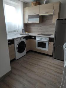 uma cozinha com um fogão e uma máquina de lavar louça em Apartamentai G&G em Jurbarkas