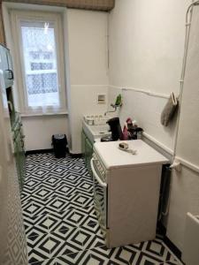 Il comprend une petite cuisine équipée d'une cuisinière et d'un réfrigérateur. dans l'établissement Le nid douillet Vintage, à La Bourboule 16 autres photos