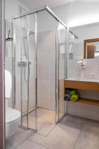 y baño con ducha, aseo y lavamanos. en Weingut Ferdl Denk, en Weissenkirchen in der Wachau
