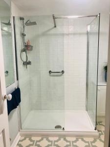 La salle de bains est pourvue d'une cabine de douche avec une porte en verre. dans l'établissement Secluded Spacious Garden Suite, à Chichester
