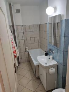 een badkamer met een wastafel, een bad en een toilet bij Bo Apartment in Miercurea-Ciuc