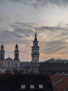 two towers on top of a building with roofs at Raguvos Apt. in Kaunas