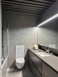 ein Badezimmer mit einem WC, einem Waschbecken und einem Spiegel in der Unterkunft Raguvos Apt. in Kaunas