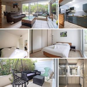un collage de fotos de un dormitorio y una sala de estar en L'Odyssée, Appt 4 pers, parking privé, Wifi, en Montpellier