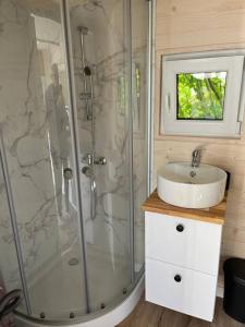 y baño con ducha y lavamanos. en La Tiny du paradis en Baigts-de-Béarn