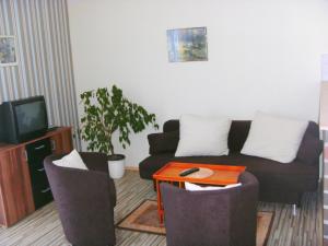 ein Wohnzimmer mit einem Sofa und einem Tisch in der Unterkunft Ferienwohnung am Heegesee in Wesenberg
