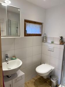 een badkamer met een wastafel, een toilet en een spiegel bij Ferienhaus mit direktem Wasserzugang in Berlin-Köpenick in Berlijn