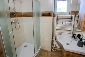 y baño con ducha y lavamanos. en Rozprávková HÁJENKA v Nízkych Tatrách en Brezno