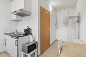 uma pequena cozinha branca com um lavatório e um fogão em Excellent Connection-Central-Coffee-Washer em Basileia
