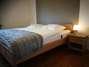 um quarto com uma cama e um candeeiro numa mesa de cabeceira em "Hygge", ideal für E-biker und Kite-Surfer em Landkirchen